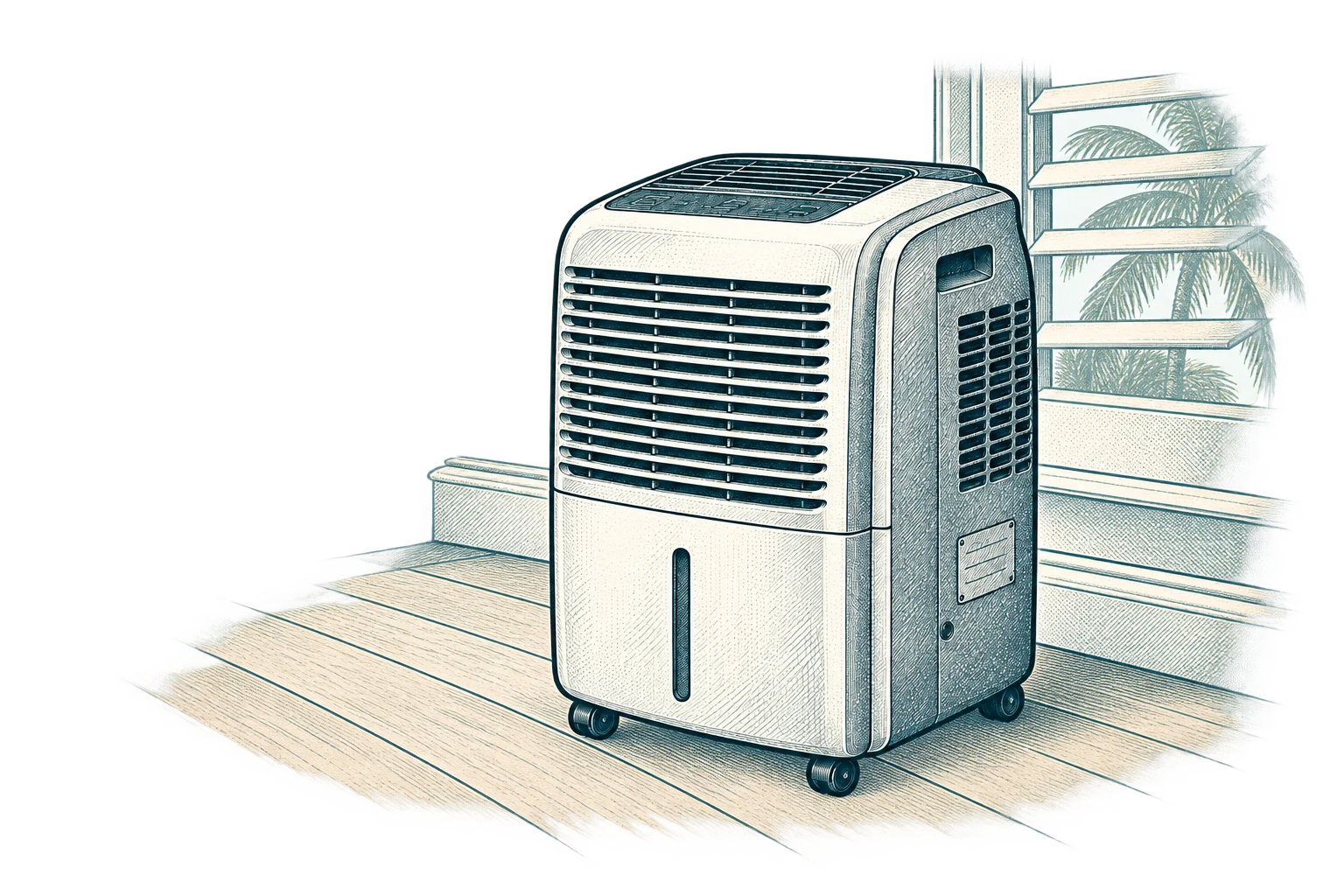 Newspaper-style illustration of an unbranded dehumidifier inside a Florida home