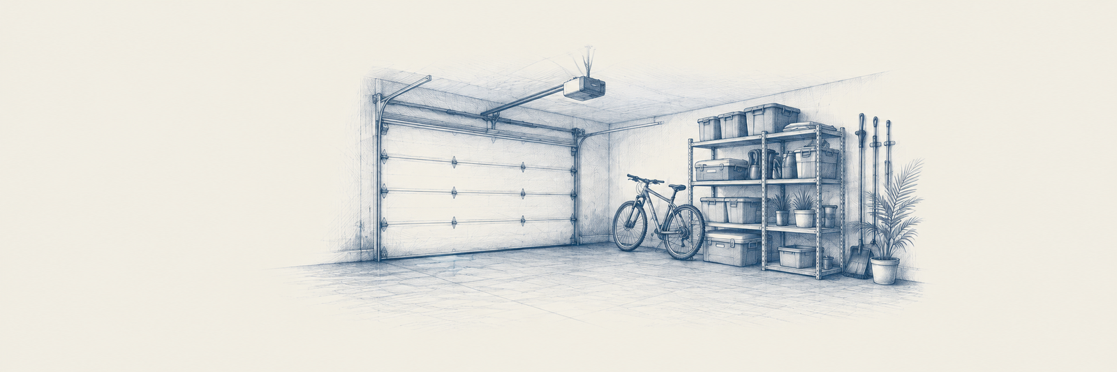 Fine blue pen sketch of a garage with a closed door, bicycle, storage shelves and dry concrete floor