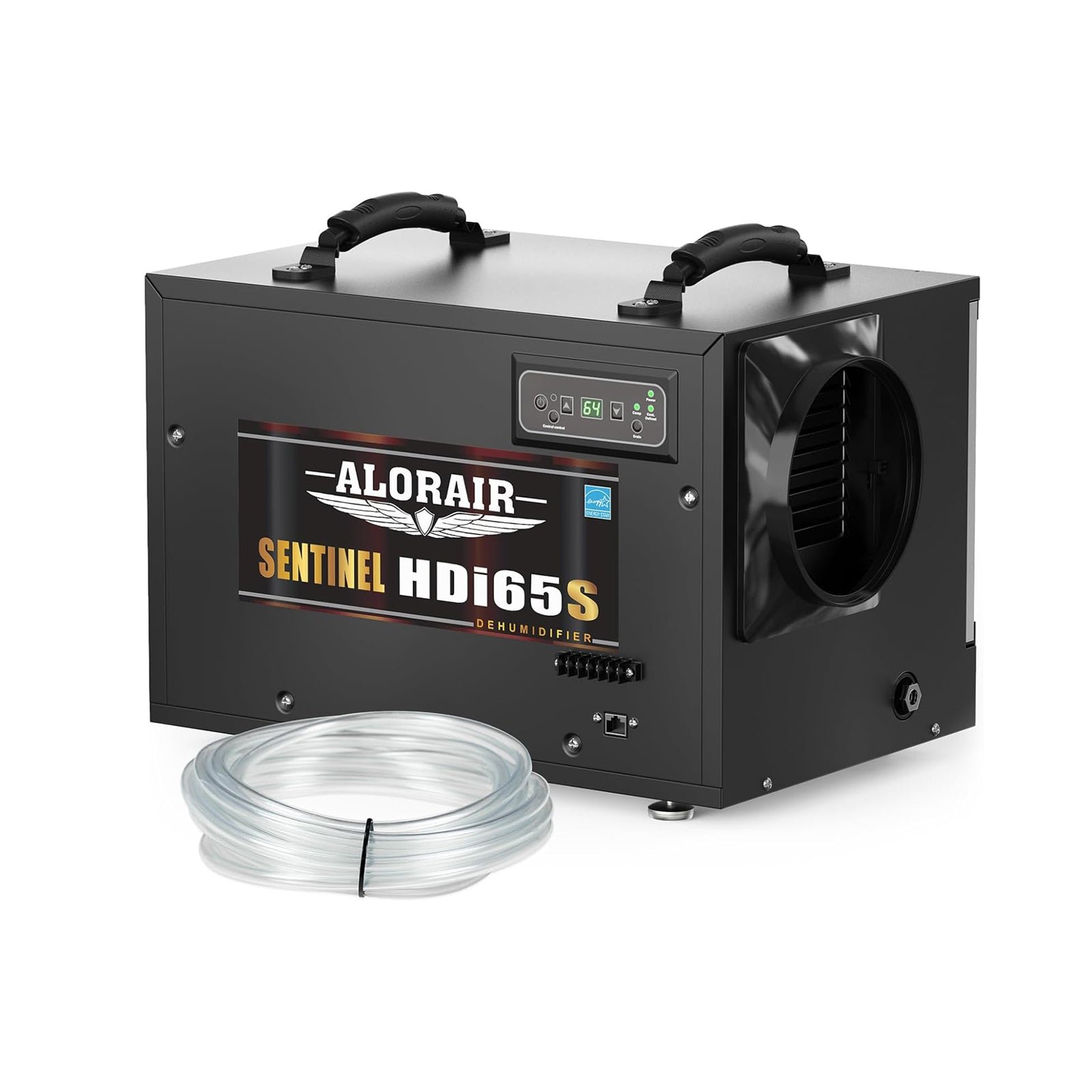 Black AlorAir Sentinel HDi65S and a drain hose