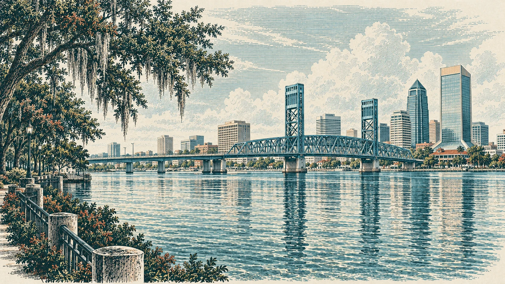 Editorial engraving of the St. Johns River, Main Street Bridge and downtown Jacksonville