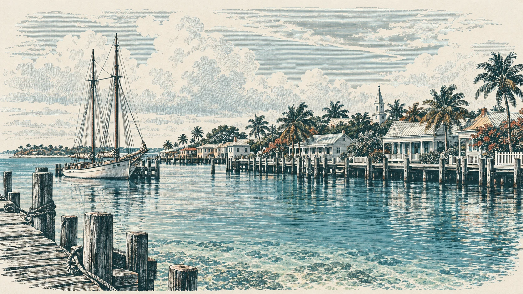 Editorial engraving of Key West harbor, a schooner, low waterfront houses and palms