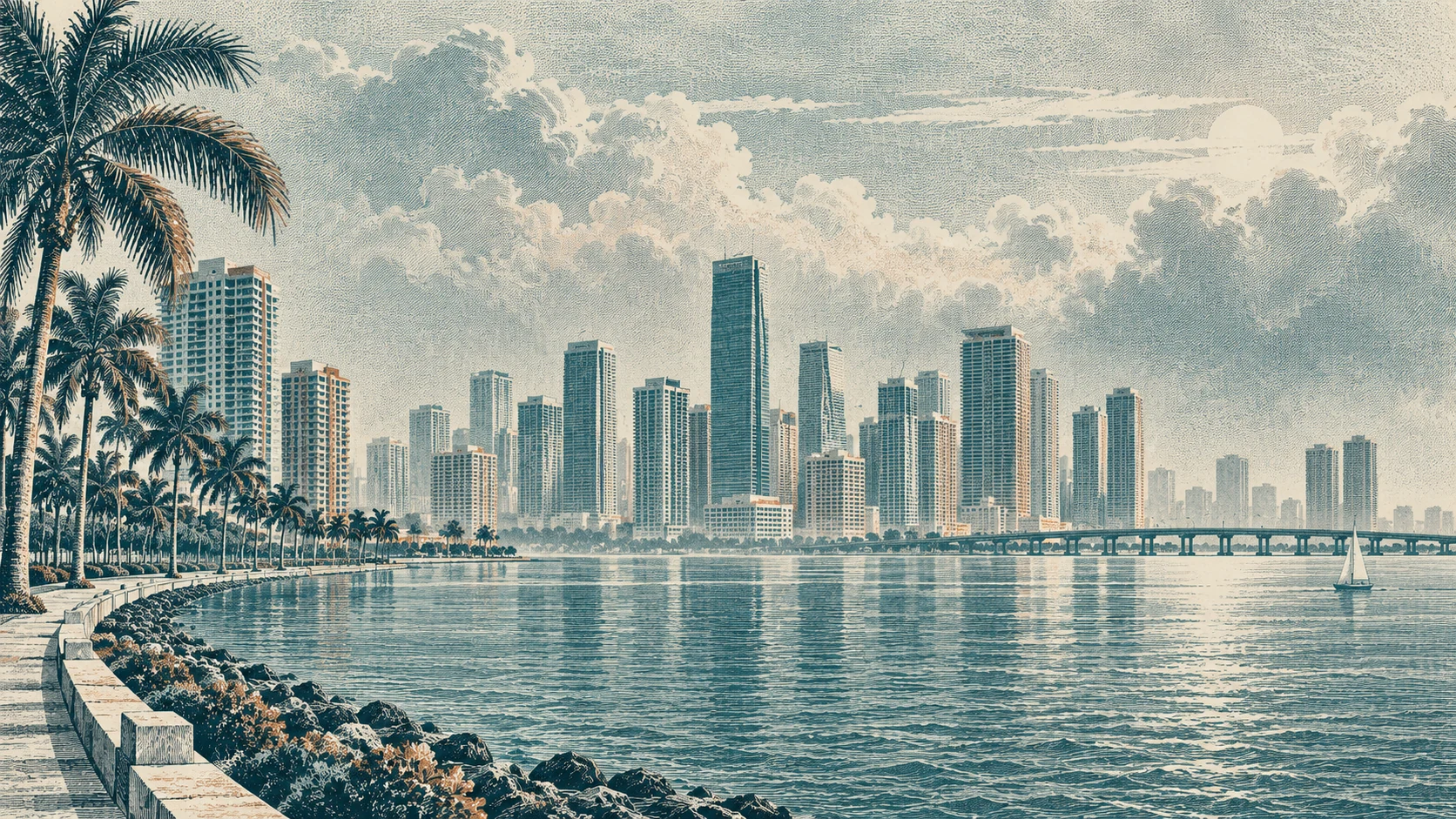 Editorial engraving of Biscayne Bay and the Miami skyline in humid summer air