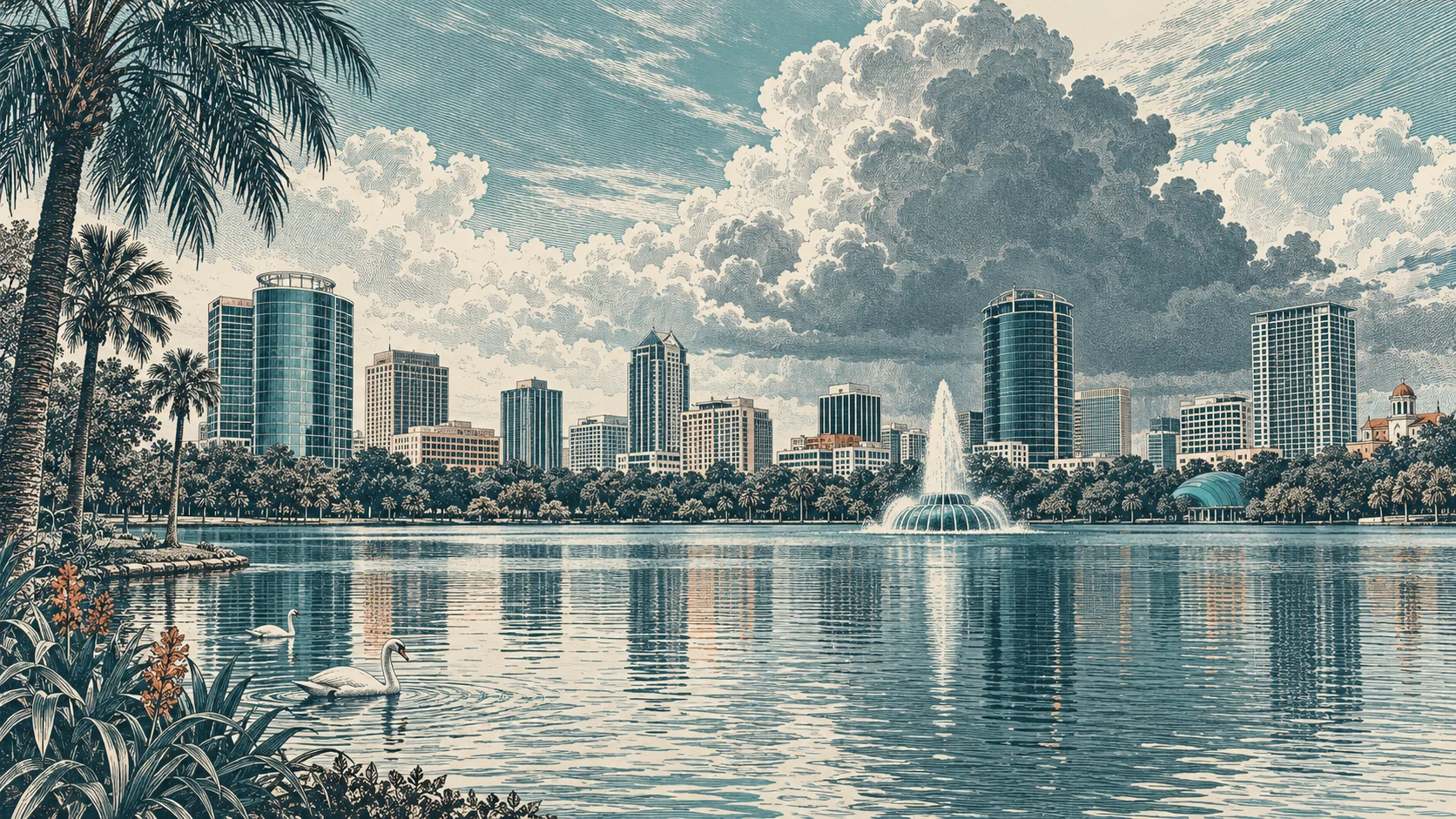 Editorial engraving of Lake Eola, its fountain and downtown Orlando under summer thunderclouds