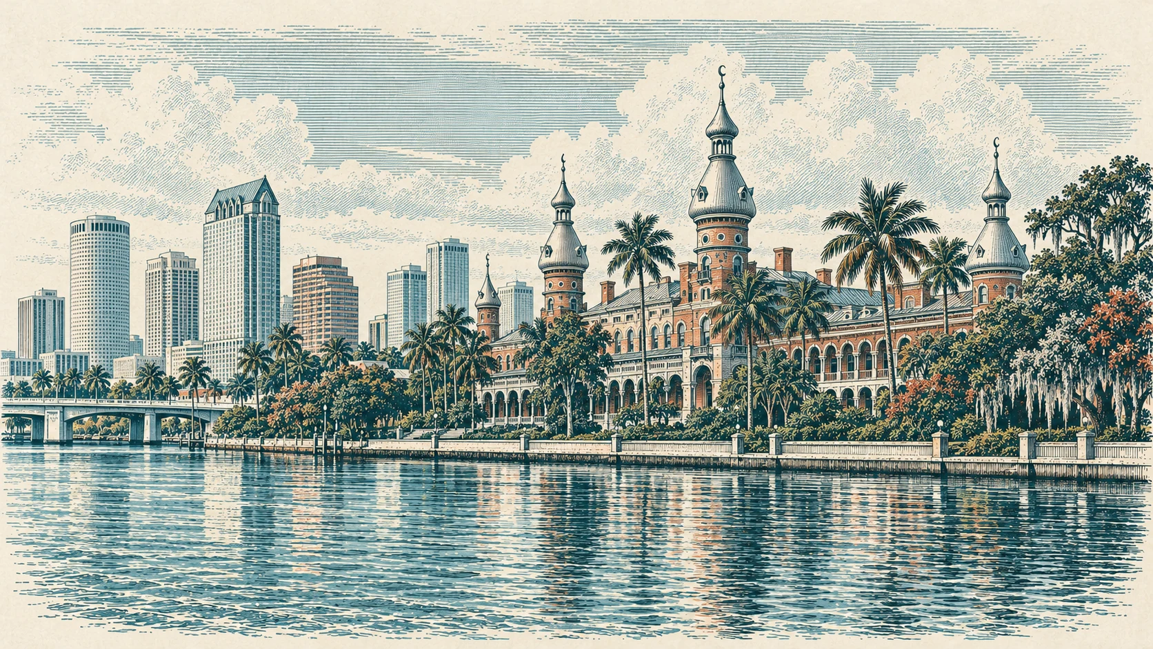 Editorial engraving of the Hillsborough River, Tampa Bay Hotel and downtown Tampa