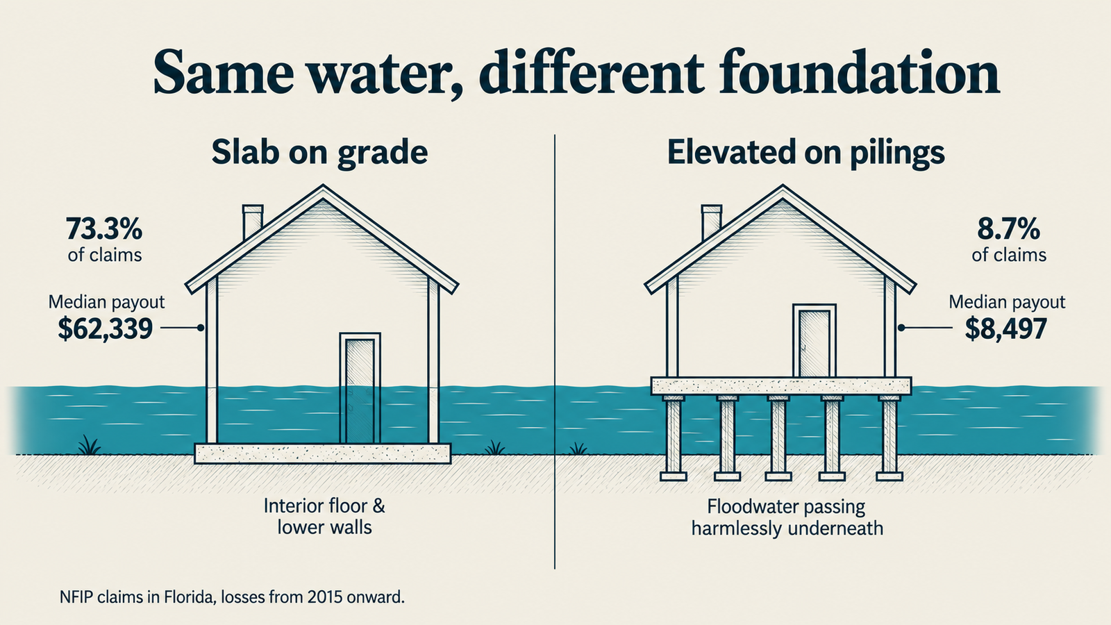 Cross-section diagram comparing a slab-on-grade house flooded to its lower walls with an elevated house on pilings staying dry at the same water level