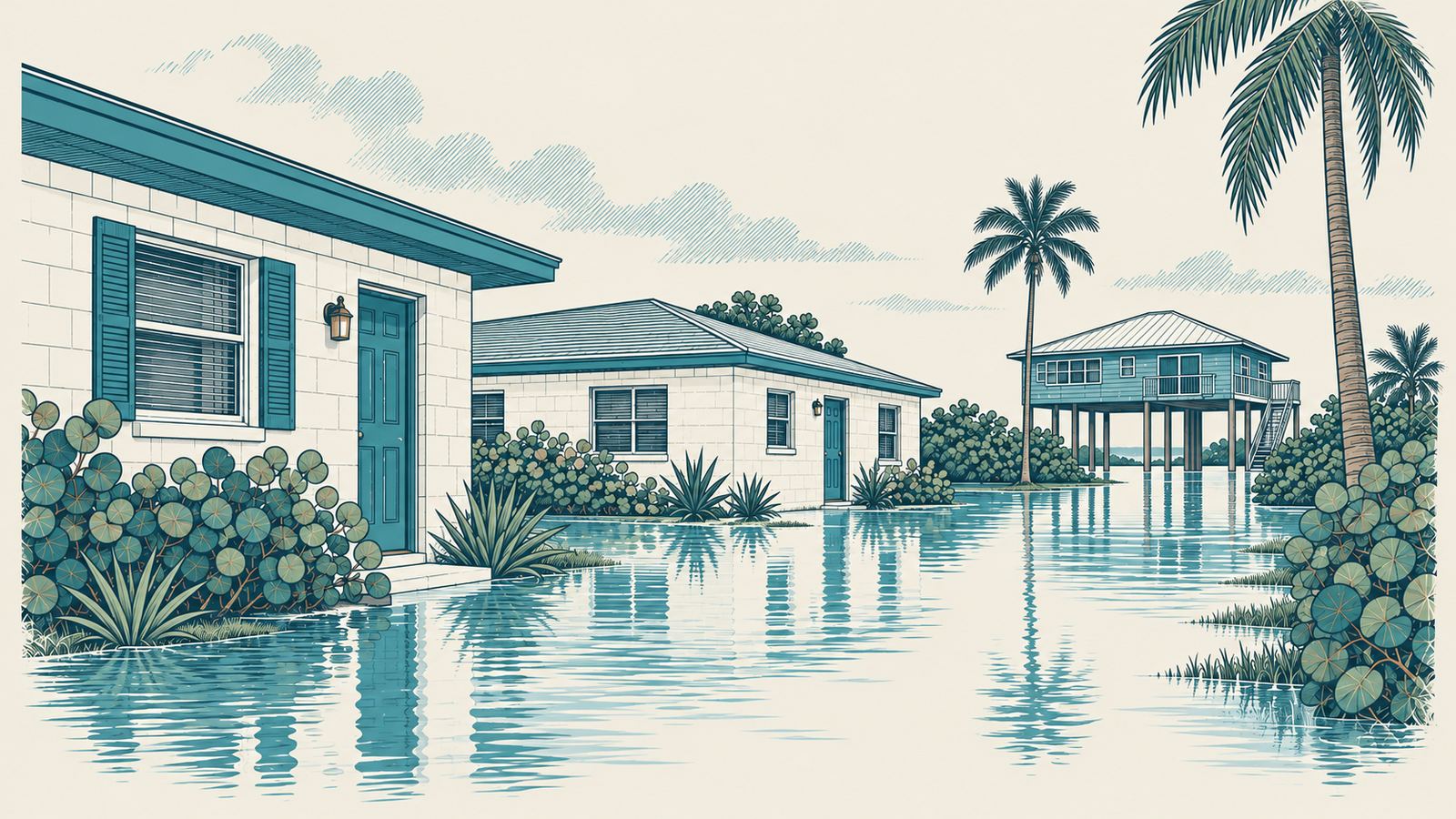 Flooded Florida street after heavy rain, single-story block houses at ground level and one house raised on pilings
