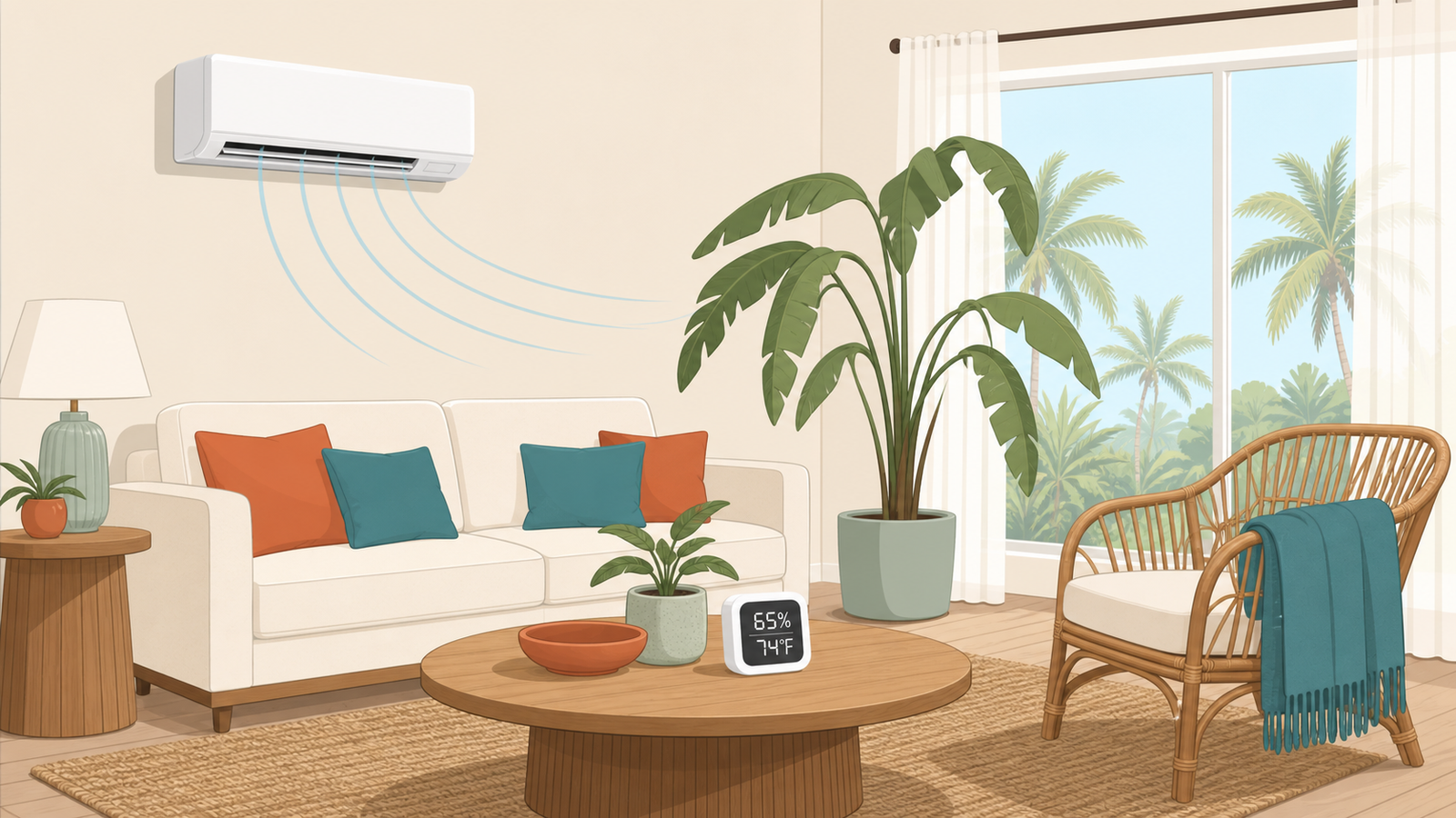 Florida living room with the AC running while a hygrometer on the table reads 65 percent humidity at 74 degrees