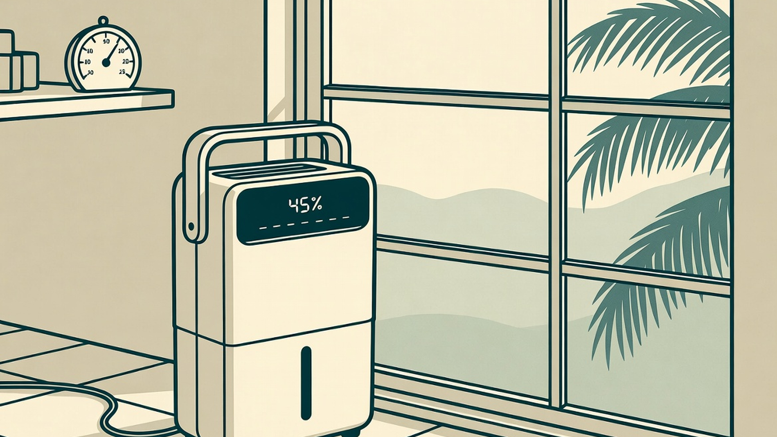 Portable dehumidifier running in a Florida living room with humid air outside the window