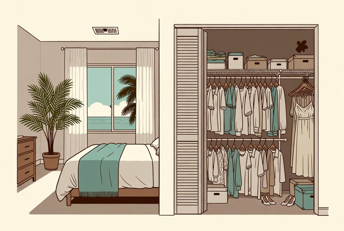 Florida walk-in closet with a louvered door, wire shelving, and tightly packed clothes, with damp showing in the back corner