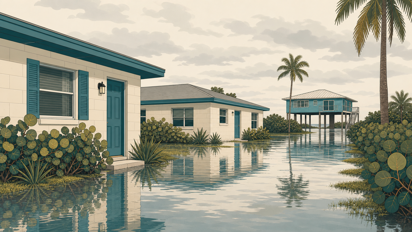 Flooded Florida street after heavy rain, single-story block houses at ground level and one house raised on pilings