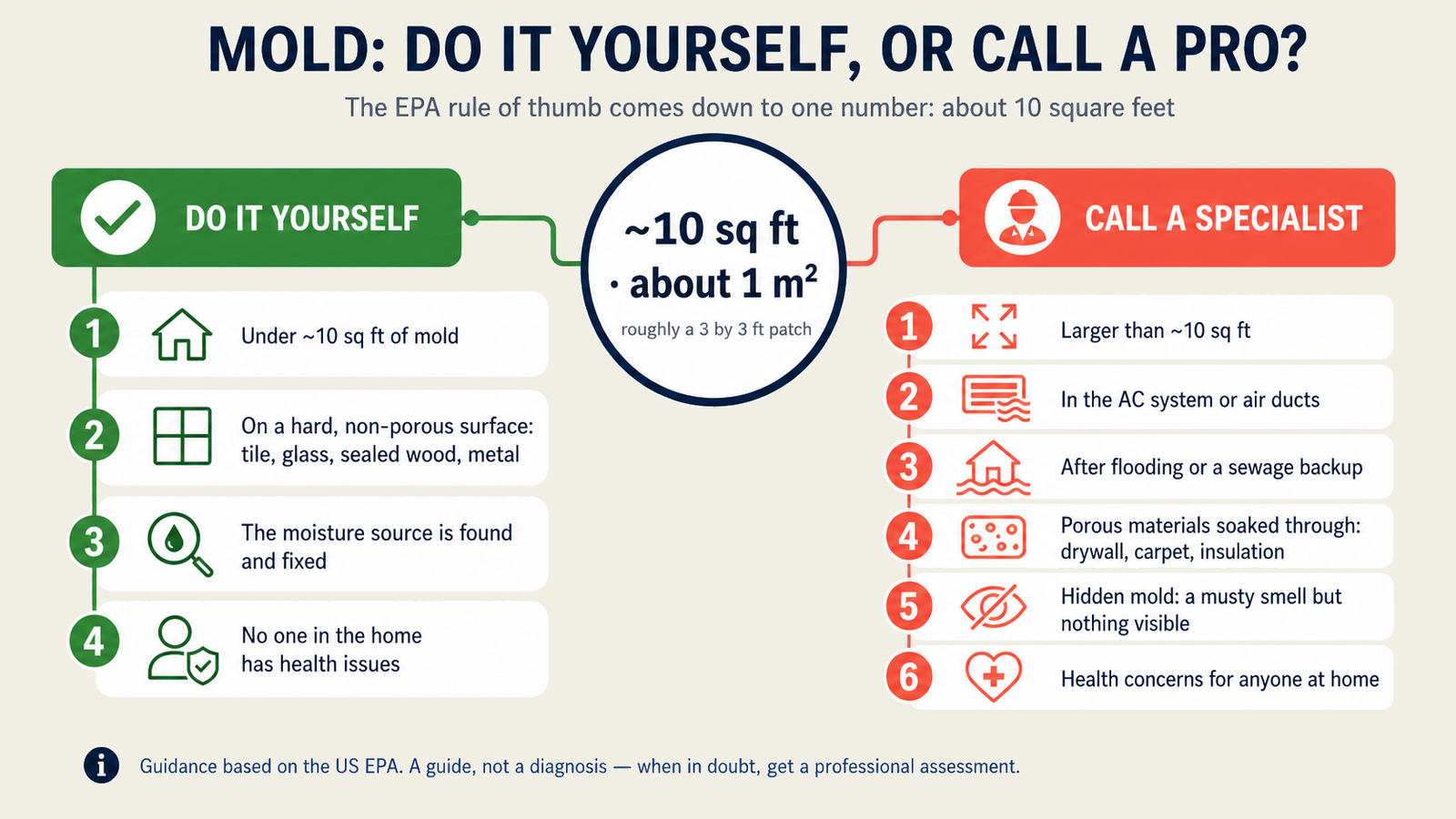 Decision guide for cleaning mold yourself versus calling a specialist, based on the EPA 10 square foot rule