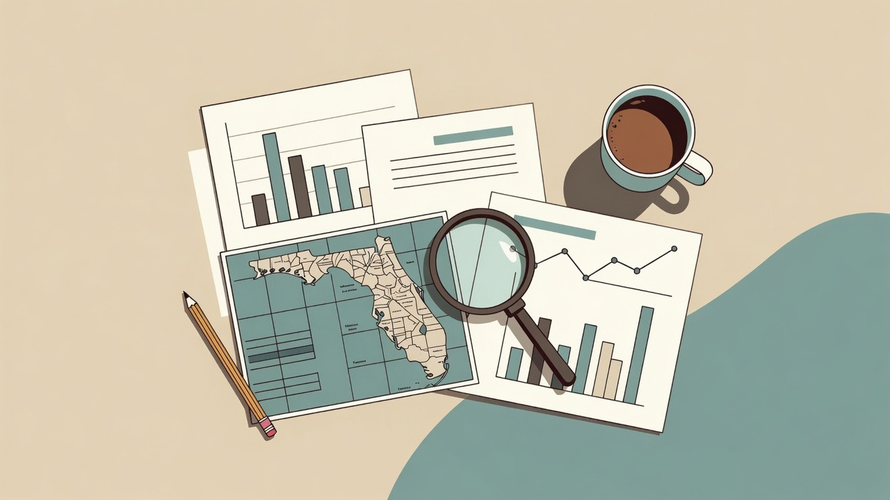 Printed charts, a map of Florida and a magnifying glass laid out on a desk, representing the research method