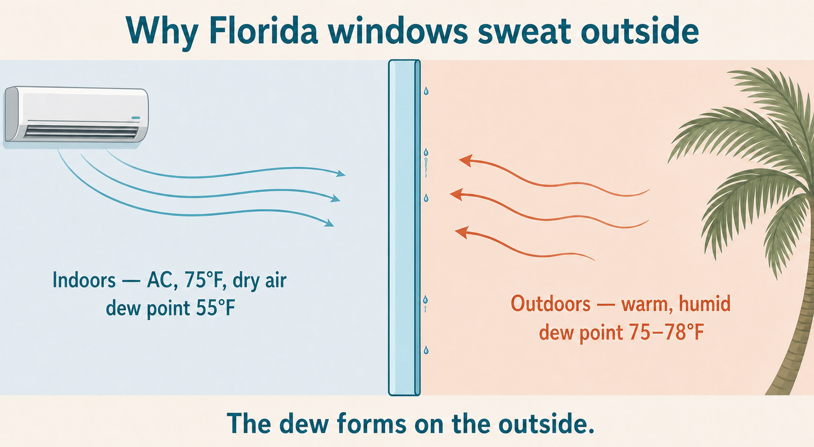 Cross-section of a Florida window: AC-chilled dry air with a 55F dew point inside, warm humid outdoor air at 75 to 78F outside, dew forming on the outer face of the glass