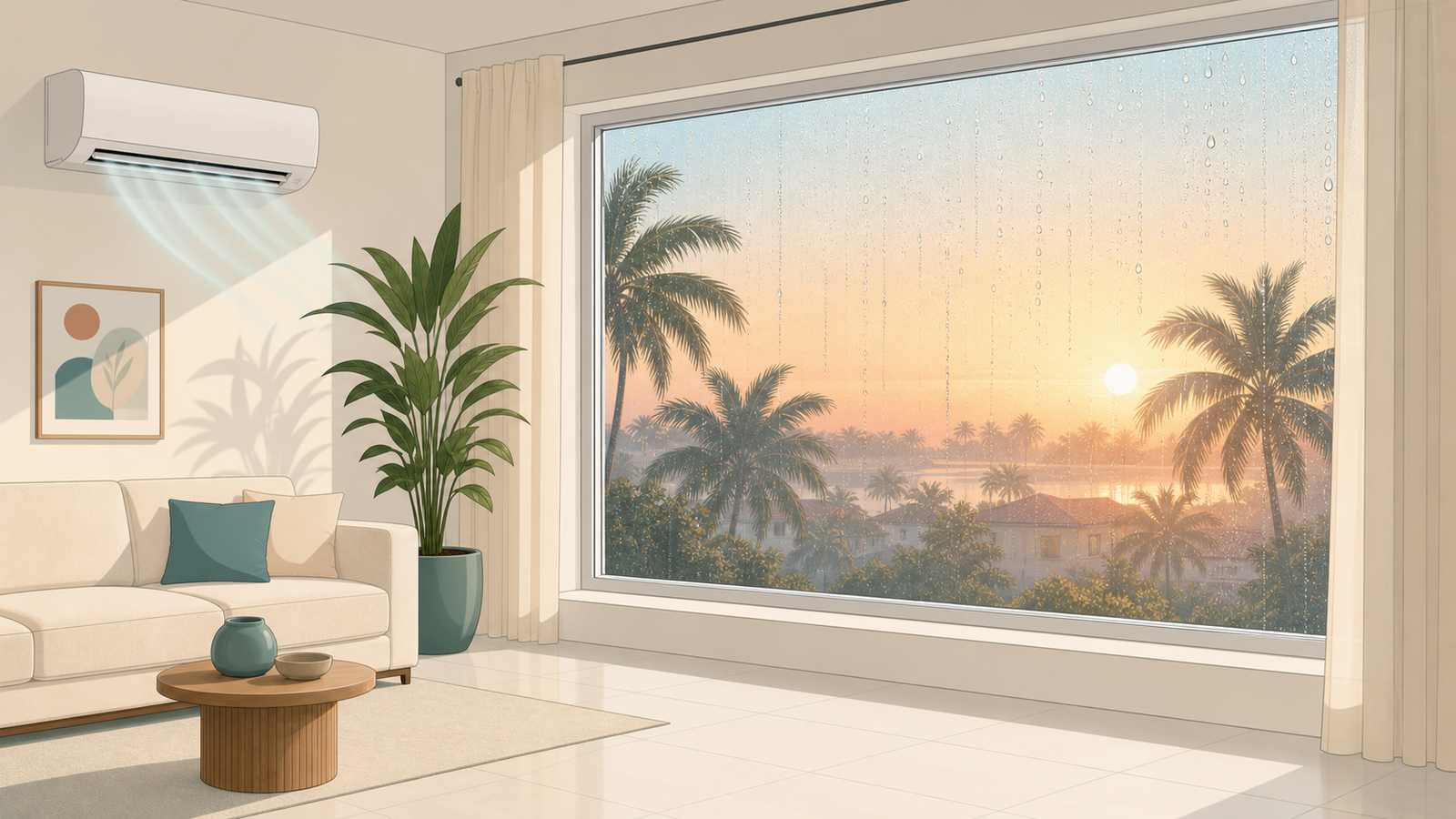 Early morning Florida living room with the AC running, dew beading on the outer surface of a large window while the inside stays dry