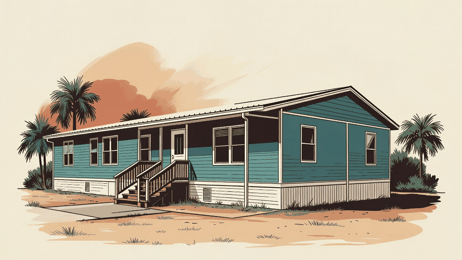 A Florida manufactured home on piers with skirting, palms behind it