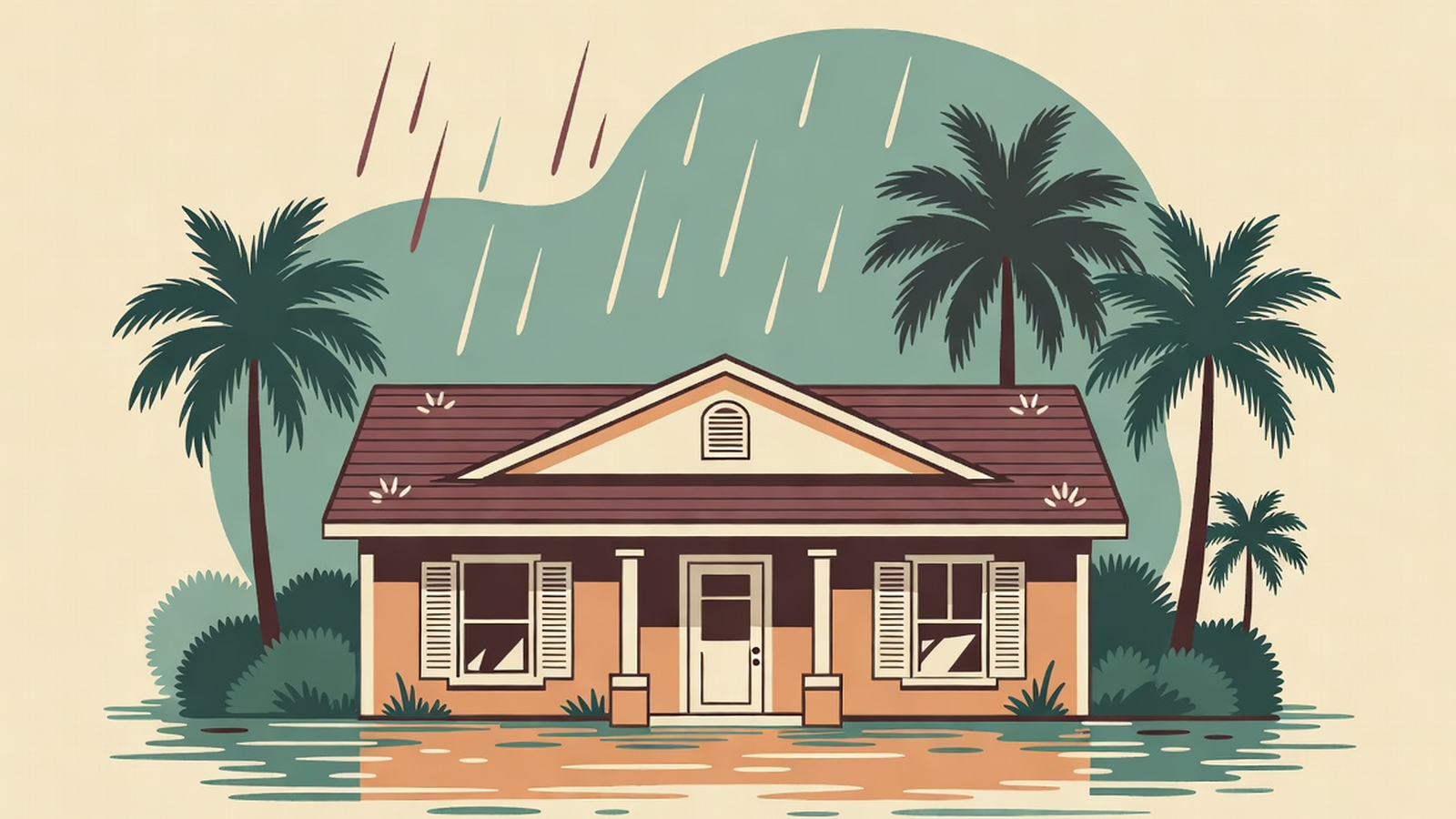 Florida single-story slab home in heavy rain with water standing around the foundation