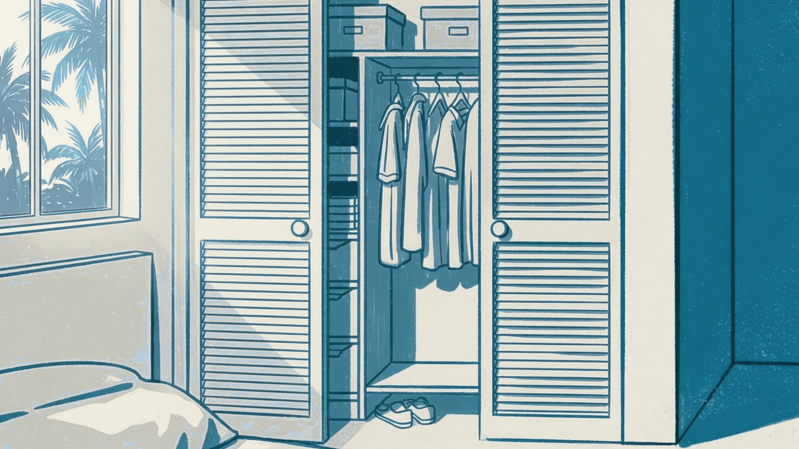 Bedroom closet with louvered bifold doors in a Florida home, shirts on a rail and shoes on the closet floor