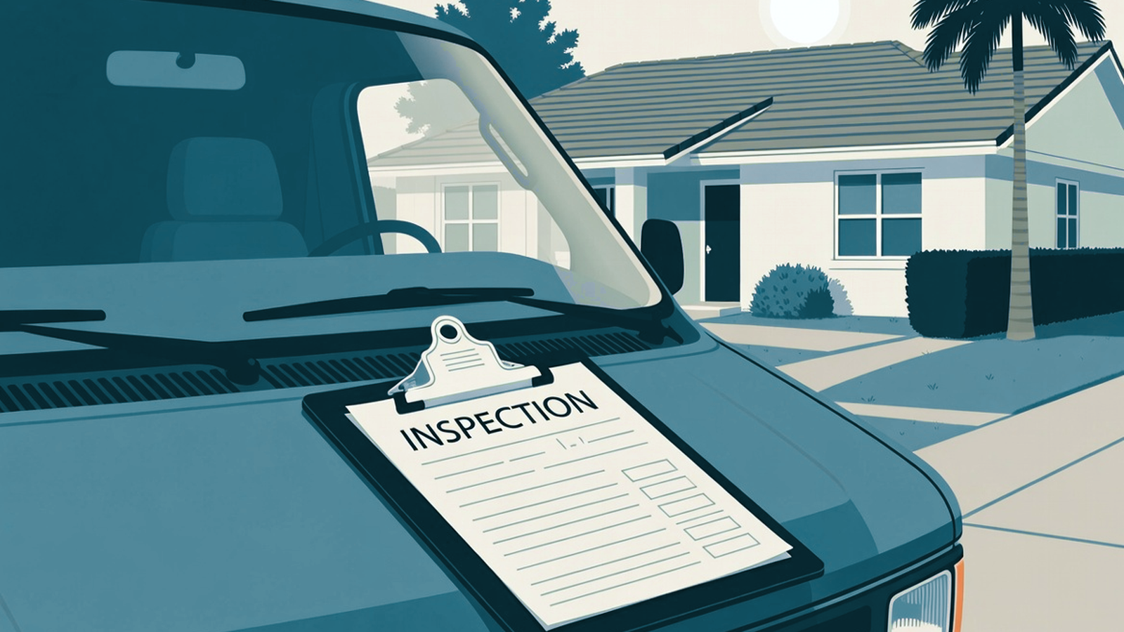 Mold inspection call at a single-storey Florida house, clipboard with a blank form resting on the hood of a parked van