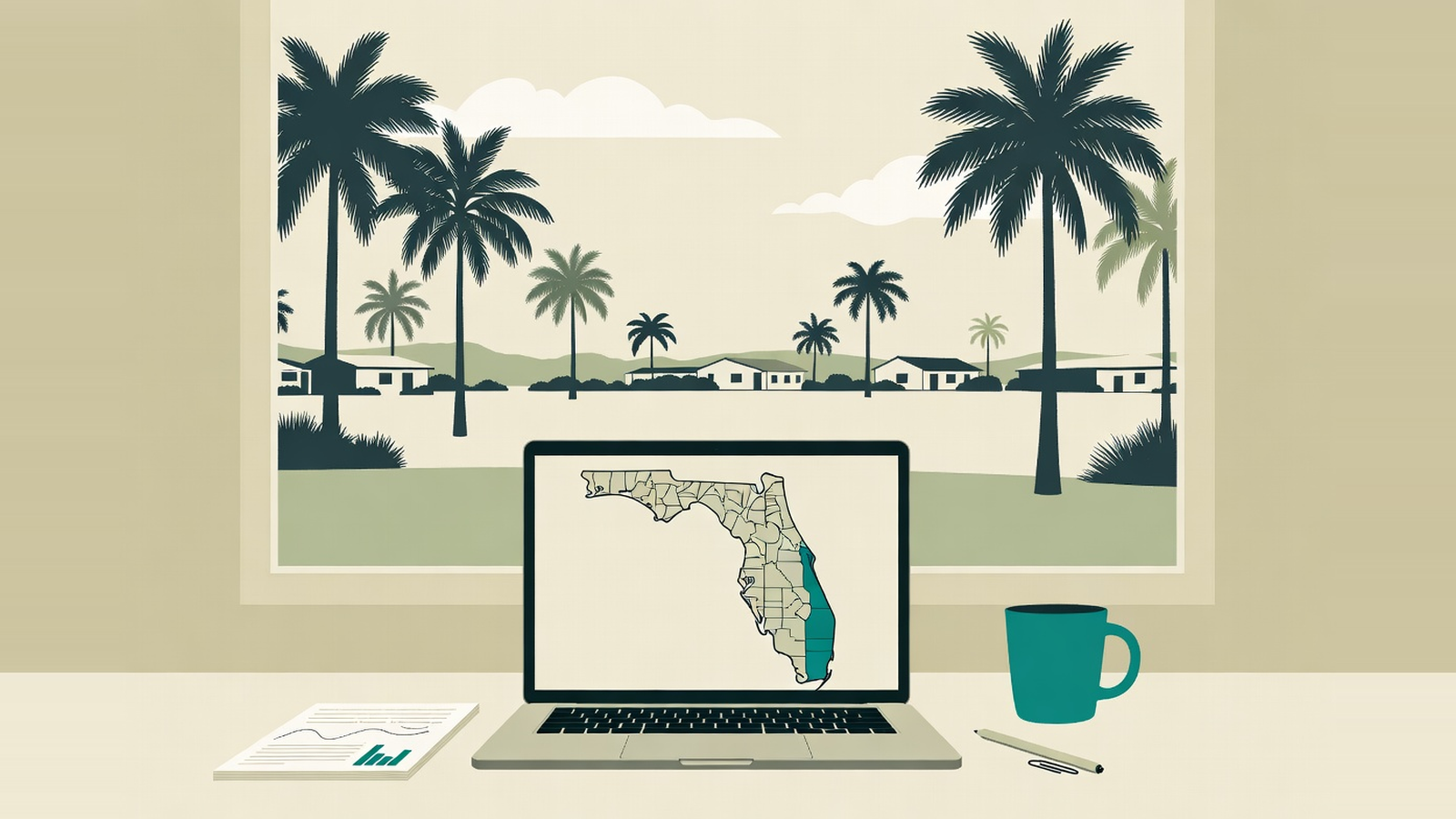 Flat illustration of a desk by a window with a Florida landscape outside and a county map of Florida on a laptop screen