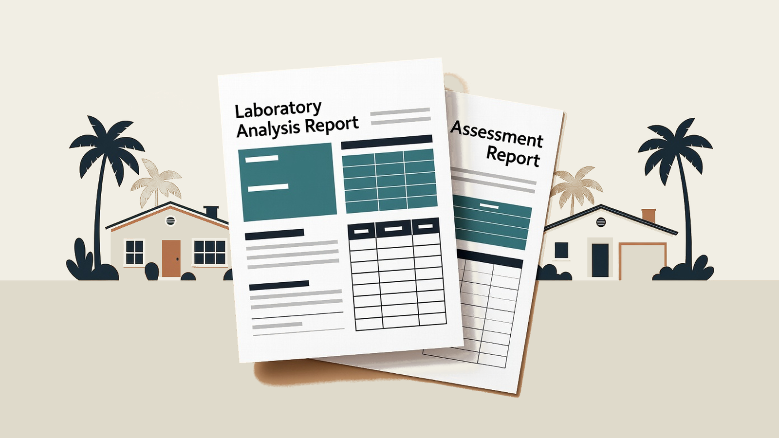 Two mold laboratory analysis reports in front of Florida homes