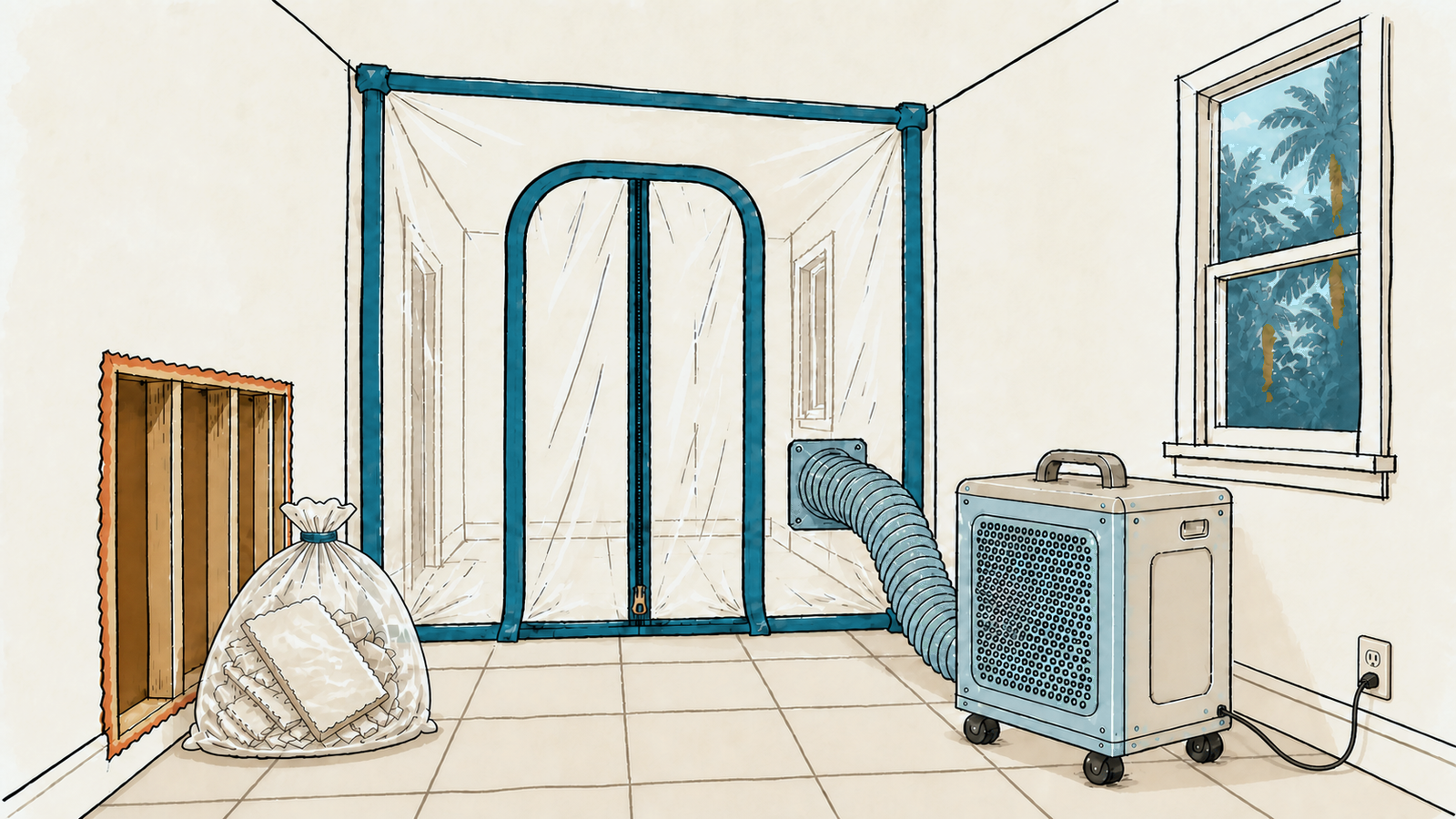 Containment barrier with a zippered door, HEPA air scrubber and a cut-away section of drywall in a Florida home hallway