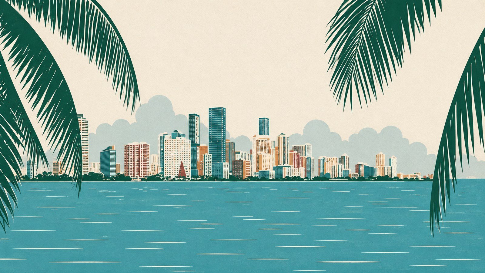 Flat illustration of the Miami skyline seen across Biscayne Bay, framed by palm fronds under a humid summer sky