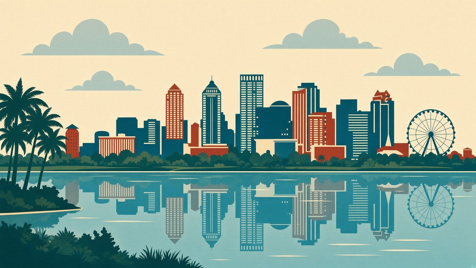 Flat illustration of the Orlando skyline reflected in a lake, with palms and low downtown buildings