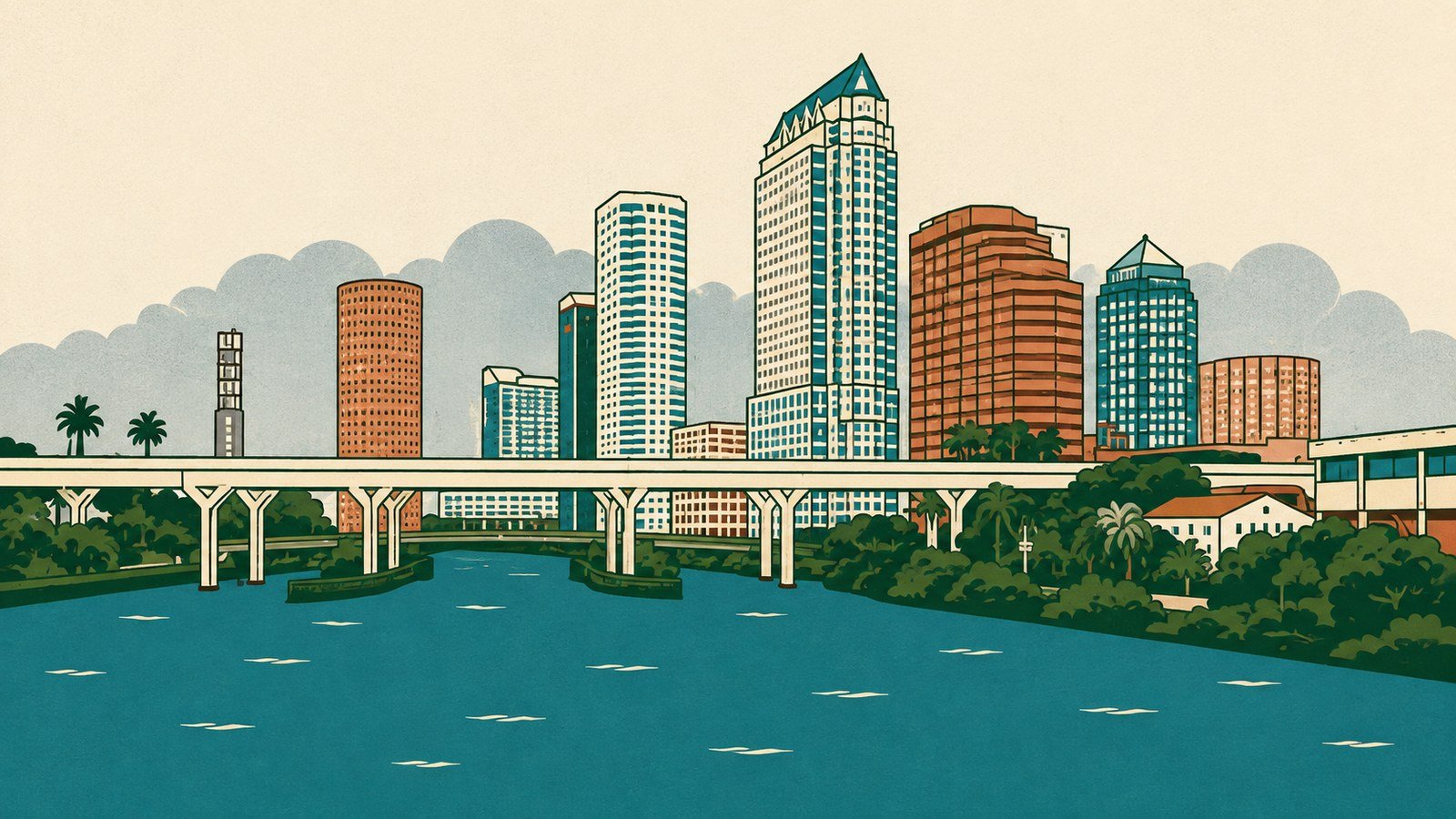 Flat illustration of the Tampa skyline across the Hillsborough River with the bridge in the foreground